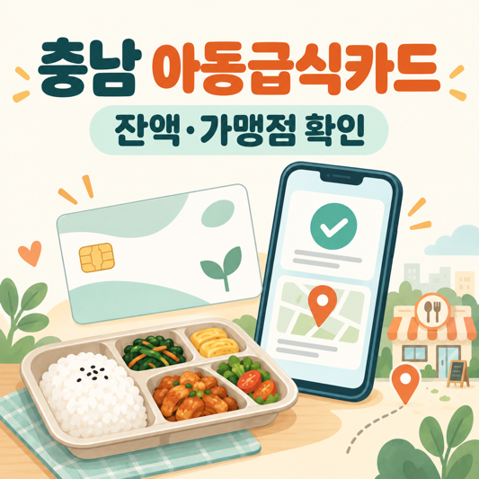 충남 아동급식카드와 잔액·가맹점 조회를 표현한 스마트폰 및 식사 일러스트