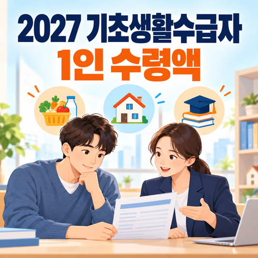2027년 기초생활수급자 1인 가구의 생계급여 주거급여 교육급여 안내 이미지