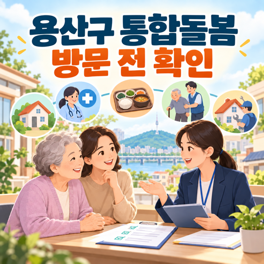 용산구 통합돌봄 상담을 받는 어르신과 가족, 방문 전 확인 안내 이미지